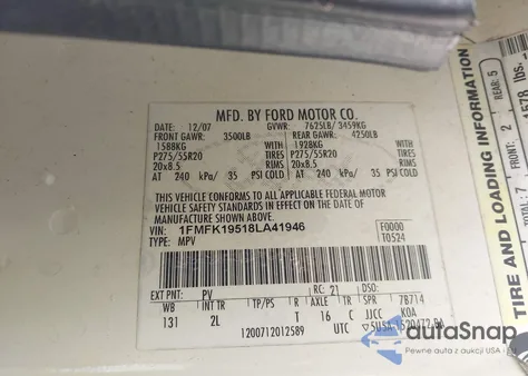 2008 Ford Expedition El Limited z USA, uszkodzony, nr VIN 1FMFK19518LA41946